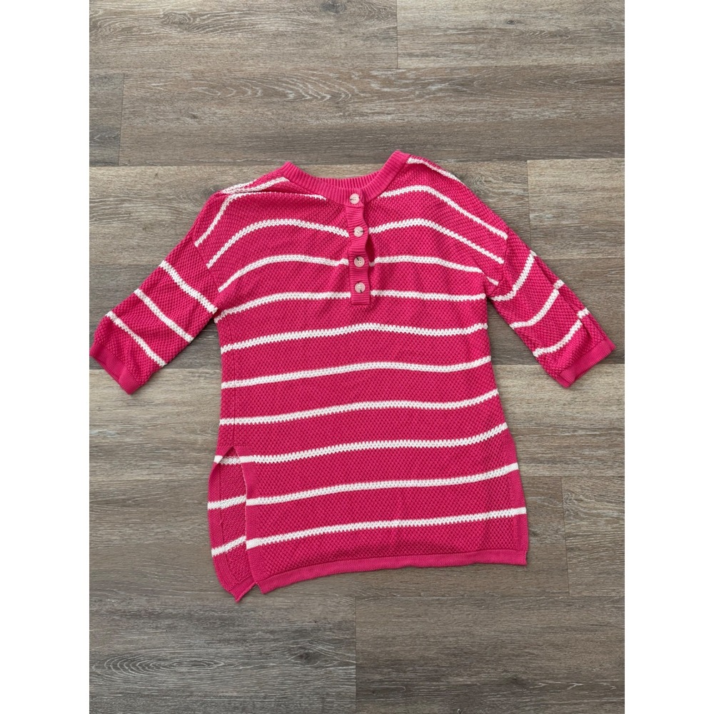 Pink White Striped Henley Tunic Sweater Viscose Knit Side Slit Oversized Small